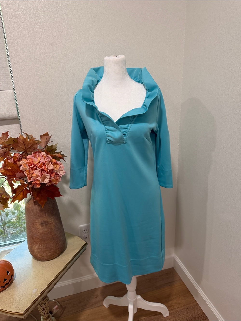 Gretchen Scott Designs Turquoise Ruffle Collar Midi Dress